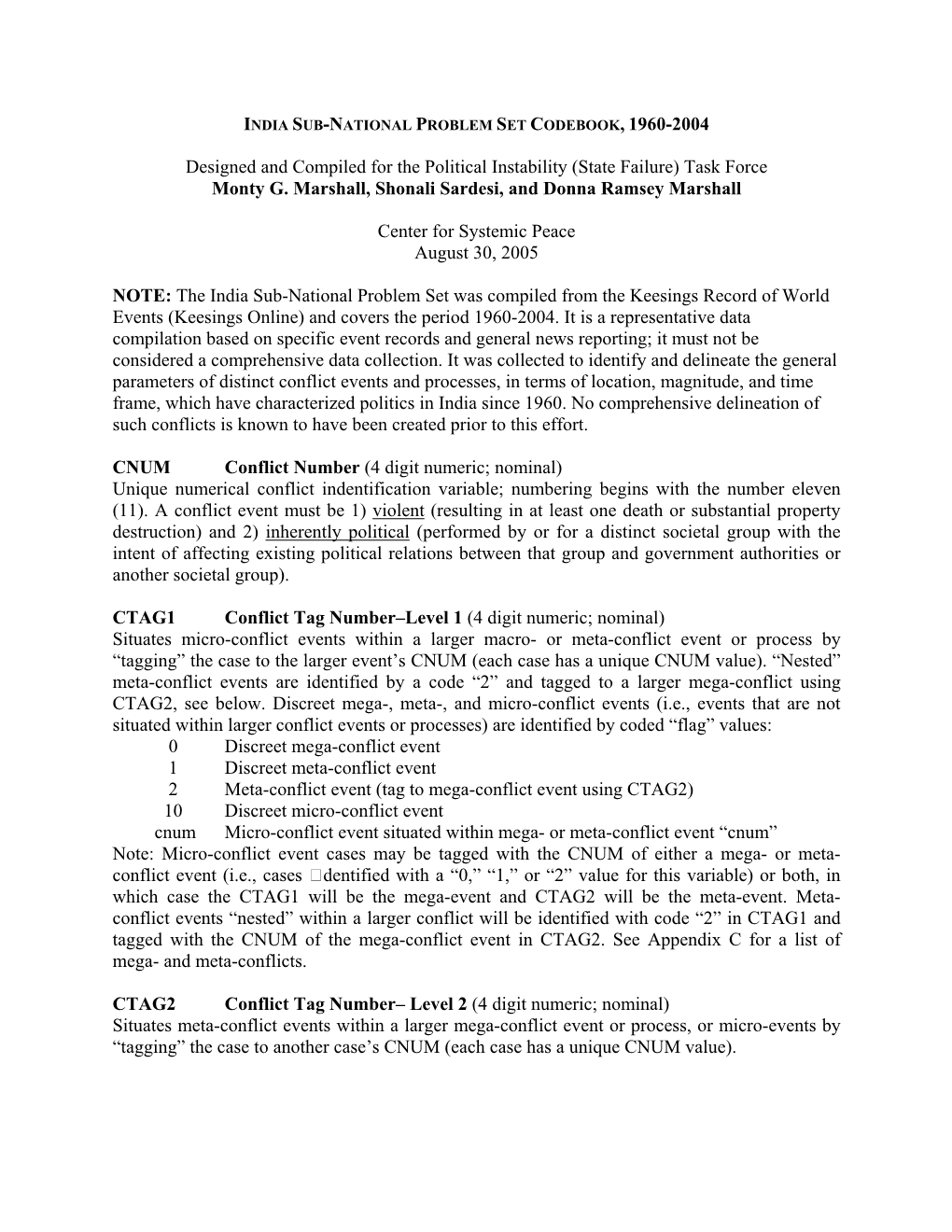 India Sub-National Problem Set Codebook, 1960-2004