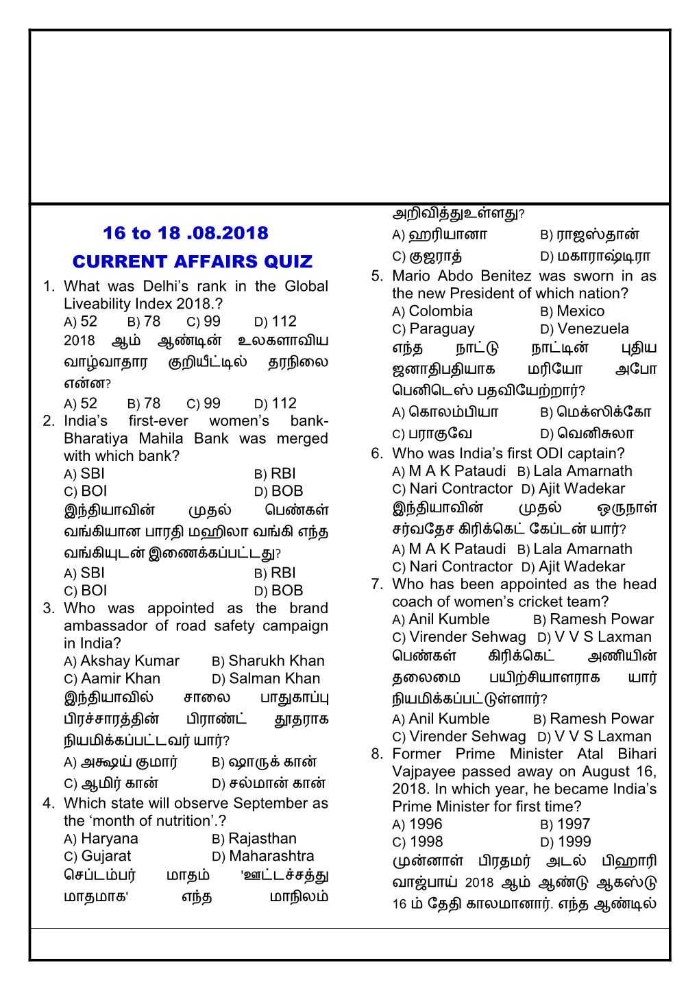 16 to 18 .08.2018 CURRENT AFFAIRS QUIZ