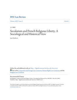 Secularism and French Religious Liberty: a Sociological and Historical View Jean Bauberot