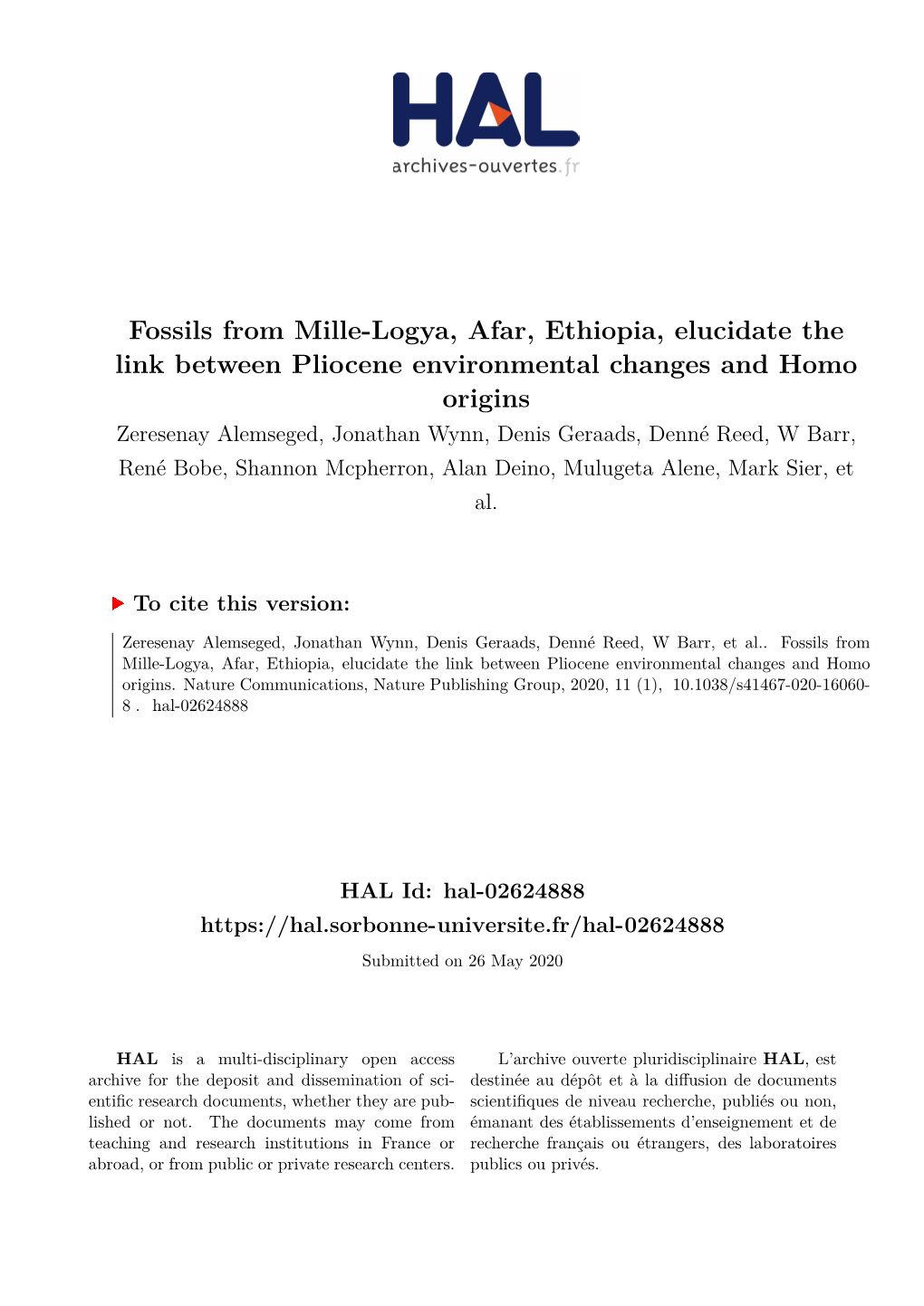 Fossils from Mille-Logya, Afar, Ethiopia, Elucidate the Link Between