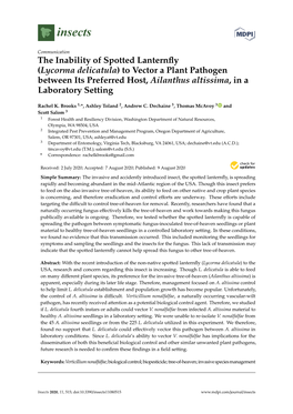 The Inability of Spotted Lanternfly (Lycorma Delicatula) to Vector a Plant Pathogen Between Its Preferred Host, Ailanthus Altissima, in a Laboratory Setting