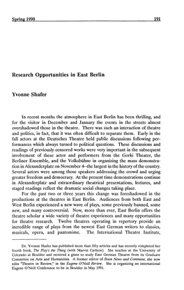 Research Opportunities in East Berlin Yvonne Shafer