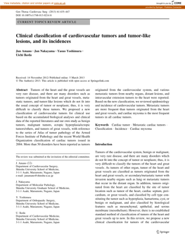 Clinical Classification of Cardiovascular Tumors and Tumor-Like Lesions, and Its Incidences