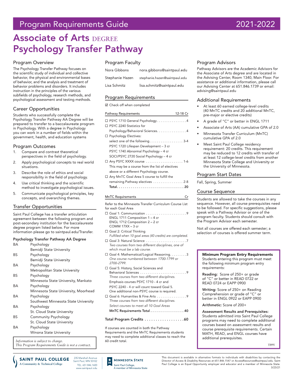 Associate of Arts DEGREE Psychology Transfer Pathway