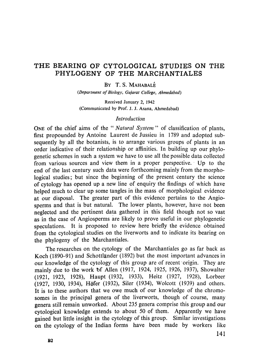 The Bearing of Cytological Studies on the Phylogeny of the Marchantiales by T.S