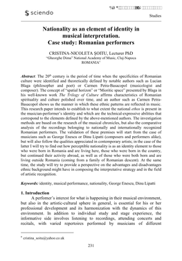 Nationality As an Element of Identity in Musical Interpretation. Case Study: Romanian Performers