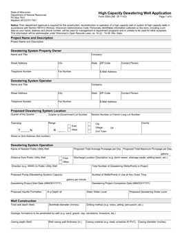 High Capacity Dewatering Well Application Department of Natural Resources PO Box 7921 Form 3300-258 (R 11/02) Page 1 of 4 Madison WI 53707-7921