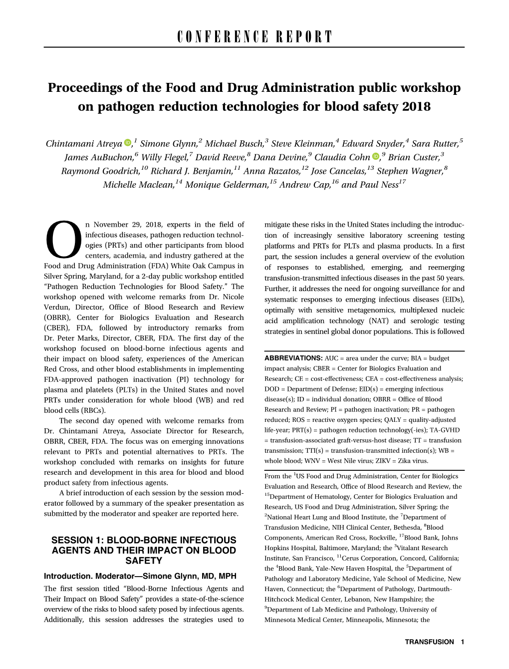 Proceedings of the Food and Drug Administration Public Workshop on Pathogen Reduction Technologies for Blood Safety 2018