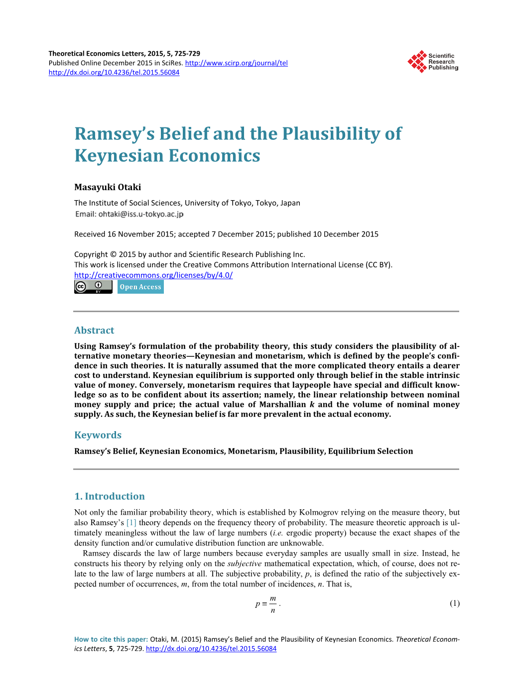 Ramsey's Belief and the Plausibility of Keynesian Economics