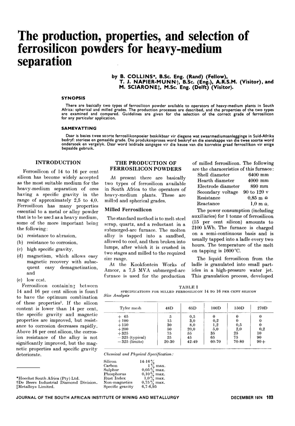 The Production, Properties, and Selection of Ferrosilicon Powders for Heavy-Medium Separation by B