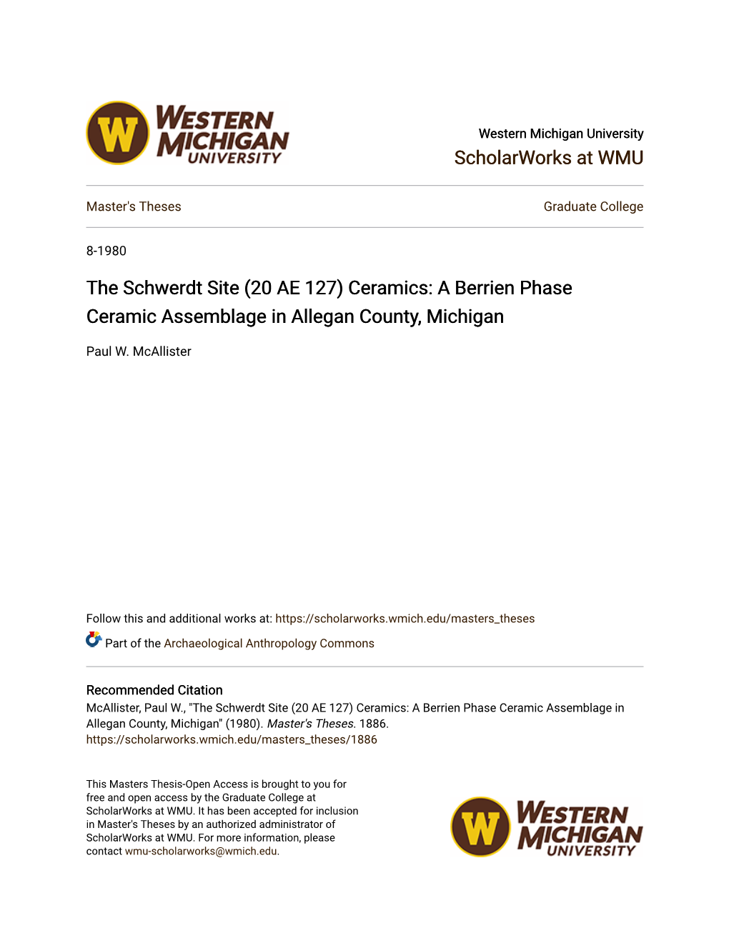 The Schwerdt Site (20 AE 127) Ceramics: a Berrien Phase Ceramic Assemblage in Allegan County, Michigan