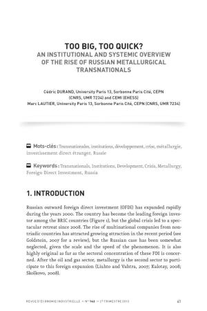 Too Big, Too Quick? an Institutional and Systemic Overview of the Rise of Russian Metallurgical Transnationals