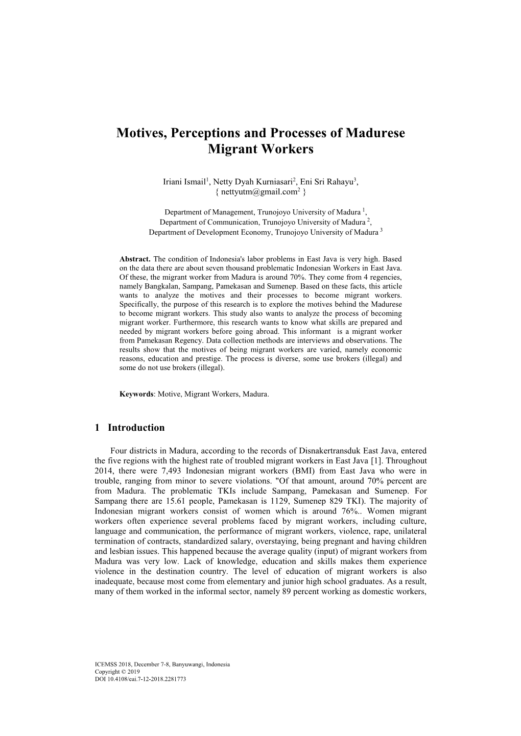 Motives, Perceptions and Processes of Madurese Migrant Workers