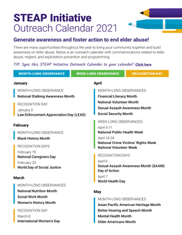 STEAP Initiative Outreach Calendar 2021