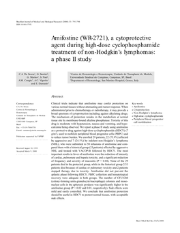 Amifostine (WR-2721), a Cytoprotective Agent During High-Dose Cyclophosphamide Treatment of Non-Hodgkin’S Lymphomas: a Phase II Study