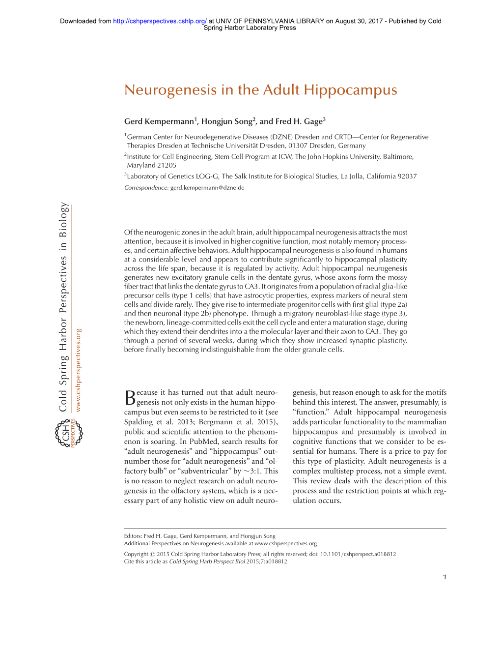 Neurogenesis in the Adult Hippocampus