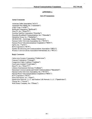 Federal Communications Commission APPENDIX a List Of