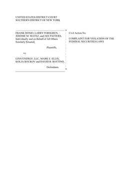 UNITED STATES DISTRICT COURT SOUTHERN DISTRICT of NEW YORK X FRANK DONIO, LARRY FORSGREN, JEROME M. MATEZ, and JAN PATTERS