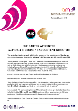 Media Release Sue Carter Appointed Mix102.3 & Cruise