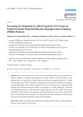 Screening for Mutations in ABCC8 and KCNJ11 Genes in Saudi Persistent Hyperinsulinemic Hypoglycemia of Infancy (PHHI) Patients
