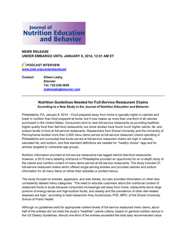 Nutrition Guidelines Needed for Full-Service Restaurant Chains According to a New Study in the Journal of Nutrition Education and Behavior