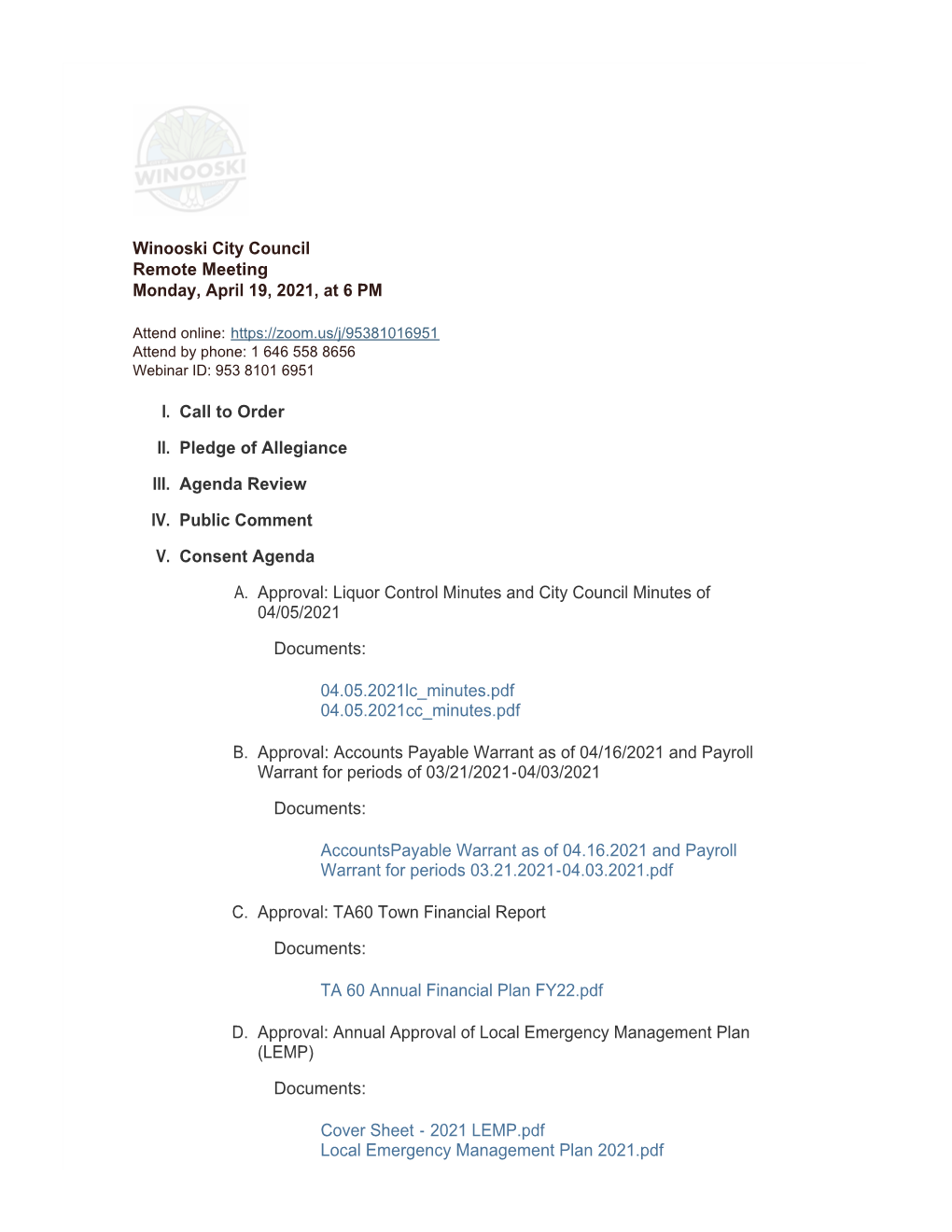 Winooski City Council Remote Meeting Monday, April 19, 2021, at 6 PM
