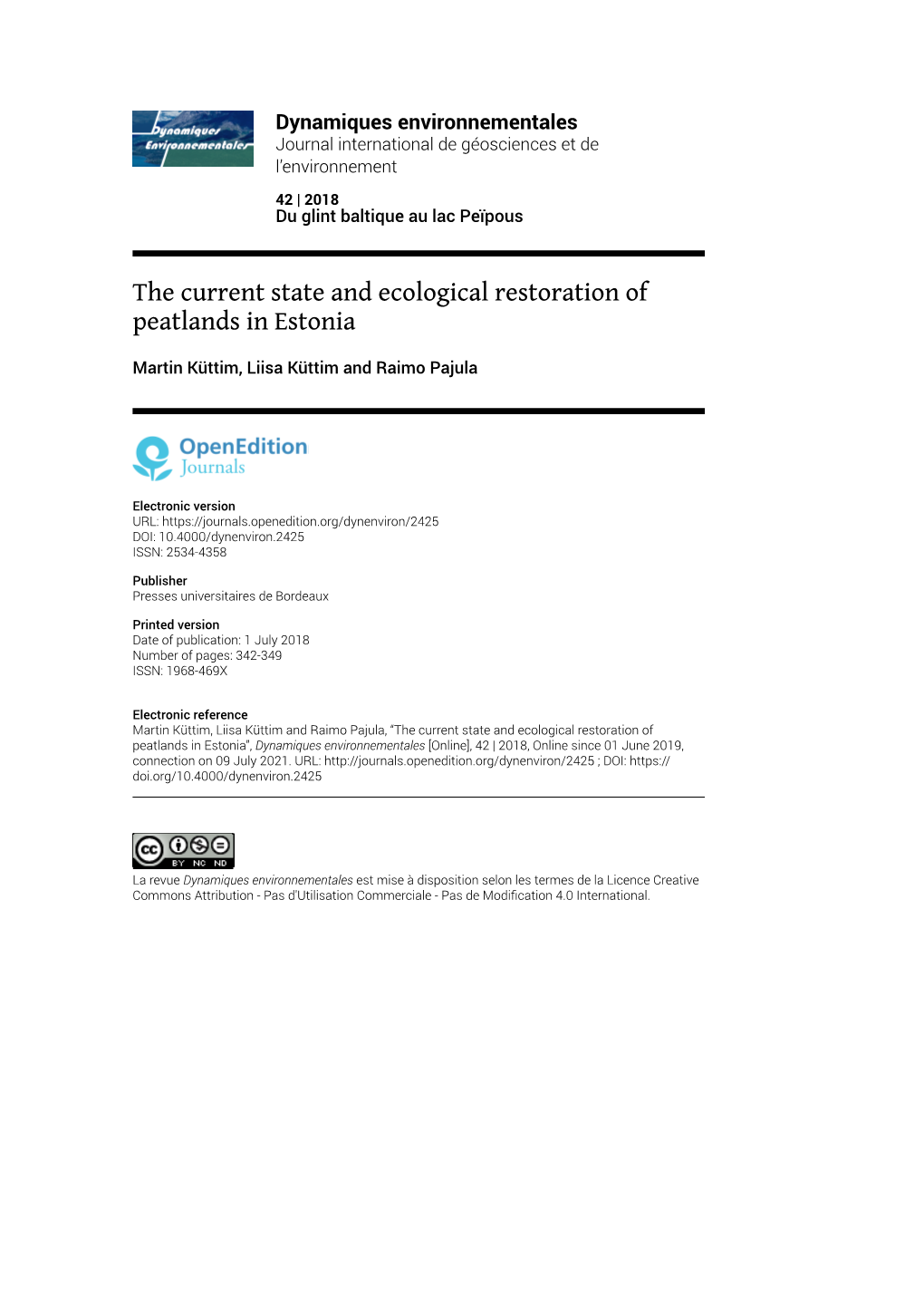 The Current State and Ecological Restoration of Peatlands in Estonia