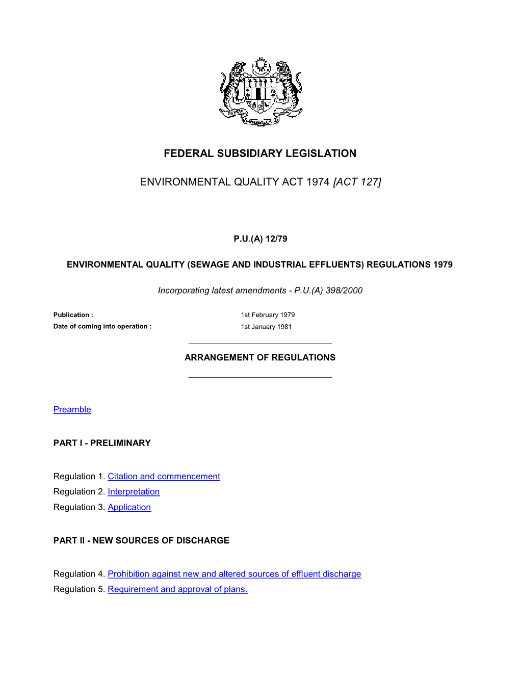 Federal Subsidiary Legislation Environmental Quality Act 1974