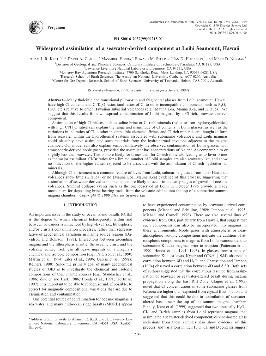 Widespread Assimilation of a Seawater-Derived Component at Loihi Seamount, Hawaii