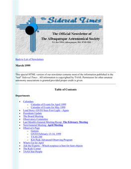 March 1999 the Albuquerque Astronomical Society News Letter