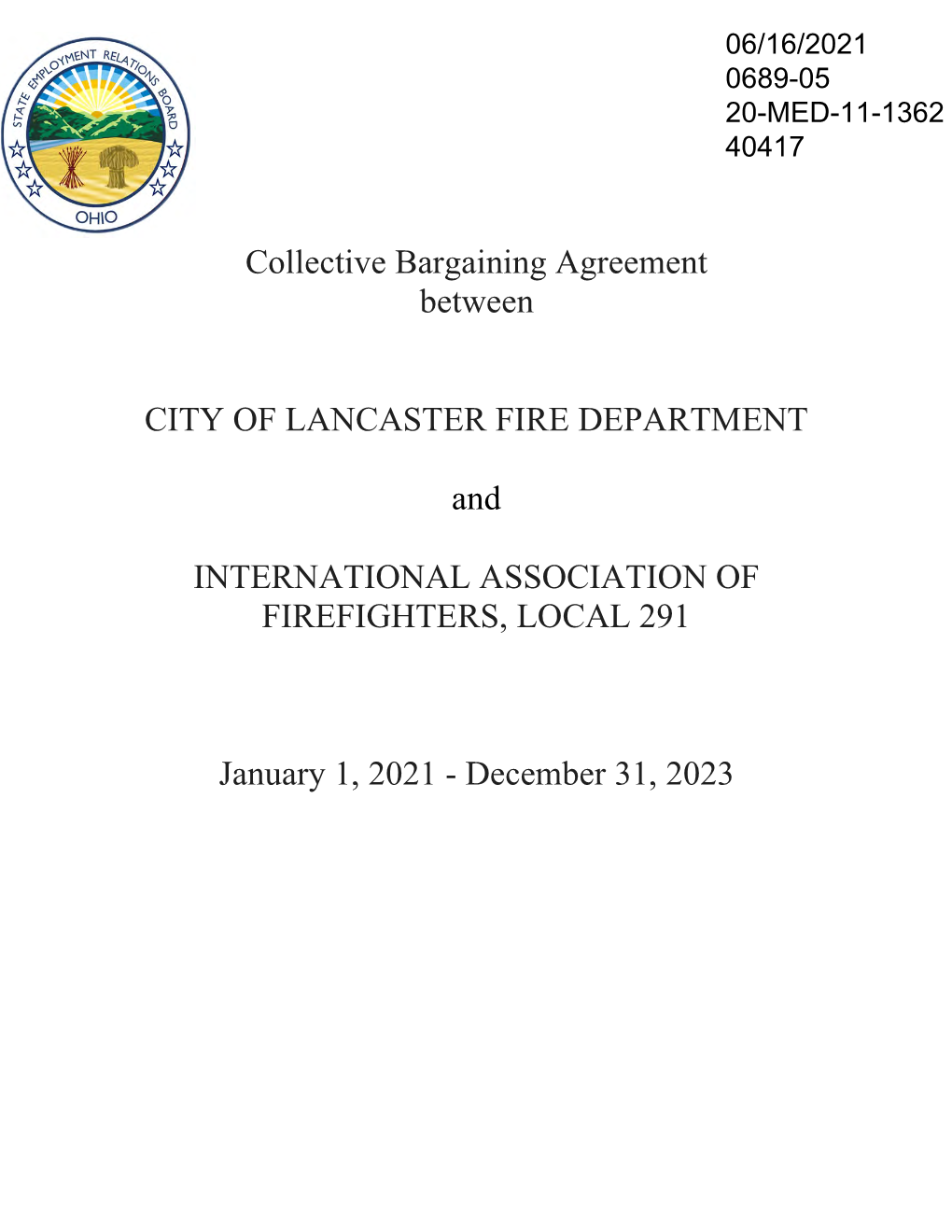 Collective Bargaining Agreement Between CITY of LANCASTER