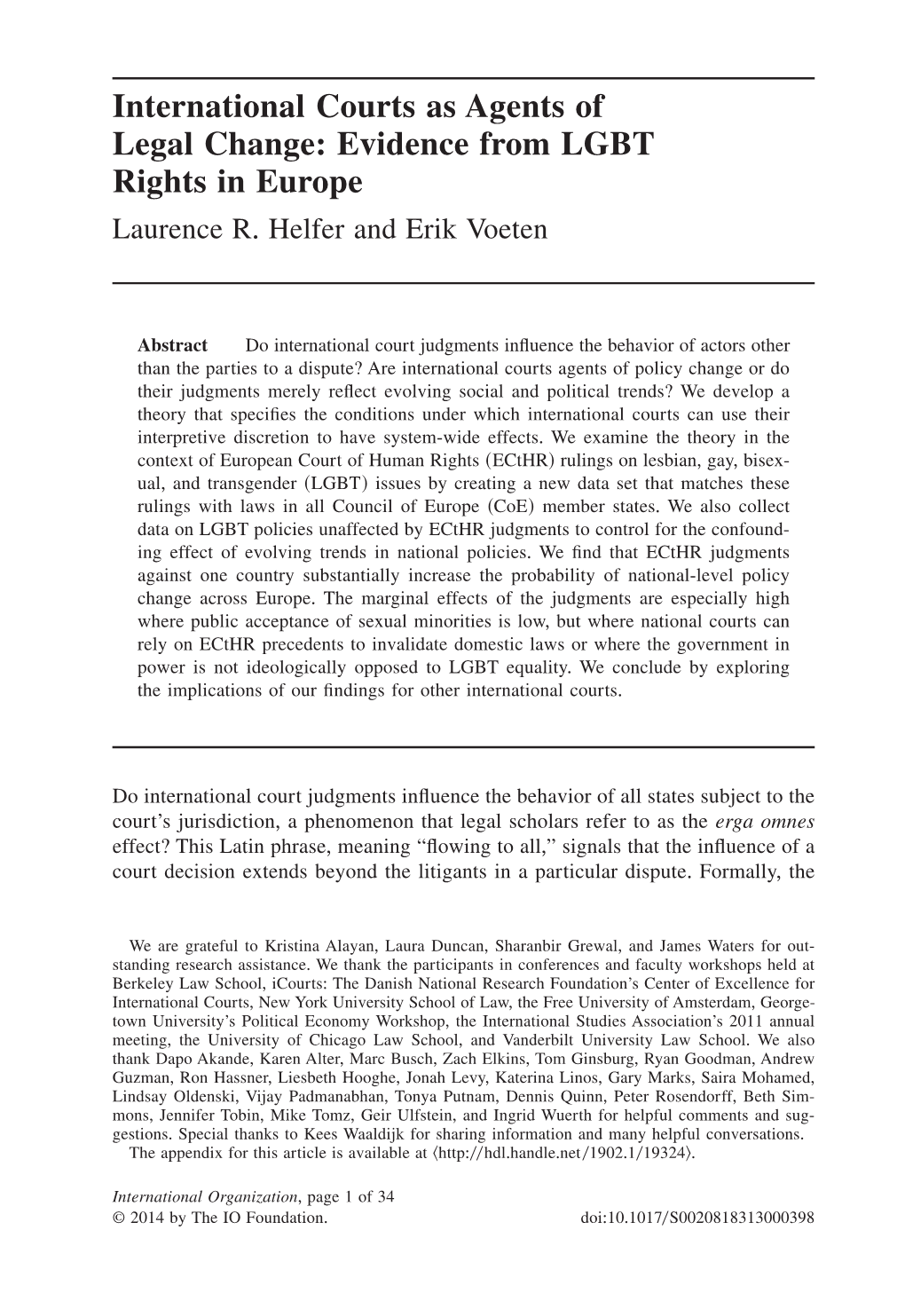 International Courts As Agents of Legal Change: Evidence from LGBT Rights in Europe Laurence R+ Helfer and Erik Voeten