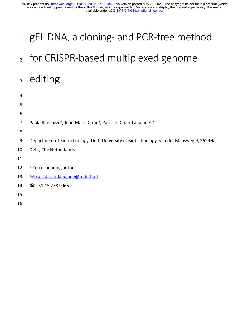 Gel DNA, a Cloning- and PCR-Free Method for CRISPR