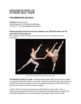 Pittsburgh Ballet Announces Updates to 2021