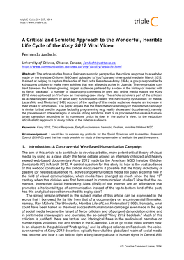 A Critical and Semiotic Approach to the Wonderful, Horrible Life Cycle of the Kony 2012 Viral Video