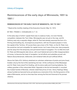 Reminiscences of the Early Days of Minnesota, 1851 to 1861