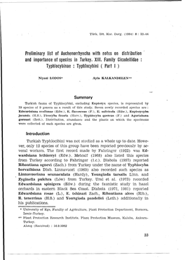 Preliminary List of Auchenorrhyncha with Notes on Distribution and Impnrtanee of Saecles in .Iurkey, XIII