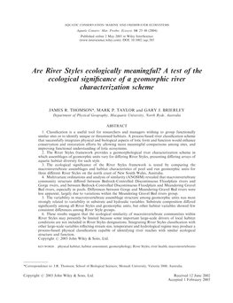 A Test of the Ecological Significance of a Geomorphic River Characterization