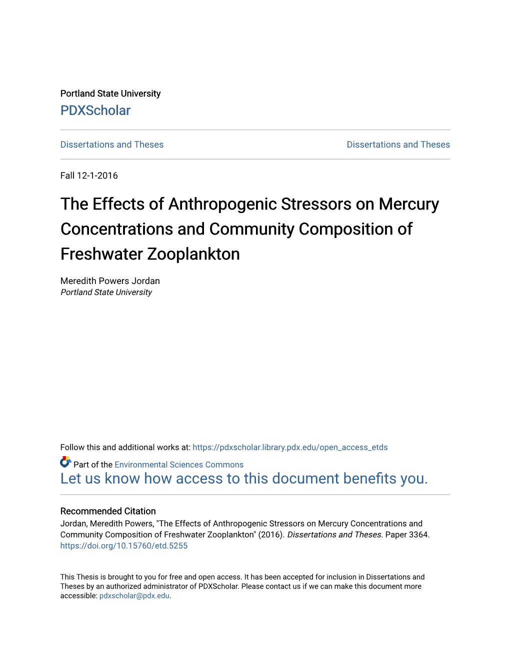The Effects of Anthropogenic Stressors on Mercury Concentrations and Community Composition of Freshwater Zooplankton