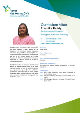 Curriculum Vitae Prashika Reddy Environmental Scientist Transport, Rail and Planning