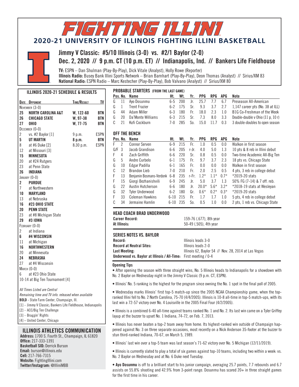 Jimmy V Classic: #5/10 Illinois (3-0) Vs. #2/1 Baylor (2-0) Dec. 2, 2020 // 9 P.M