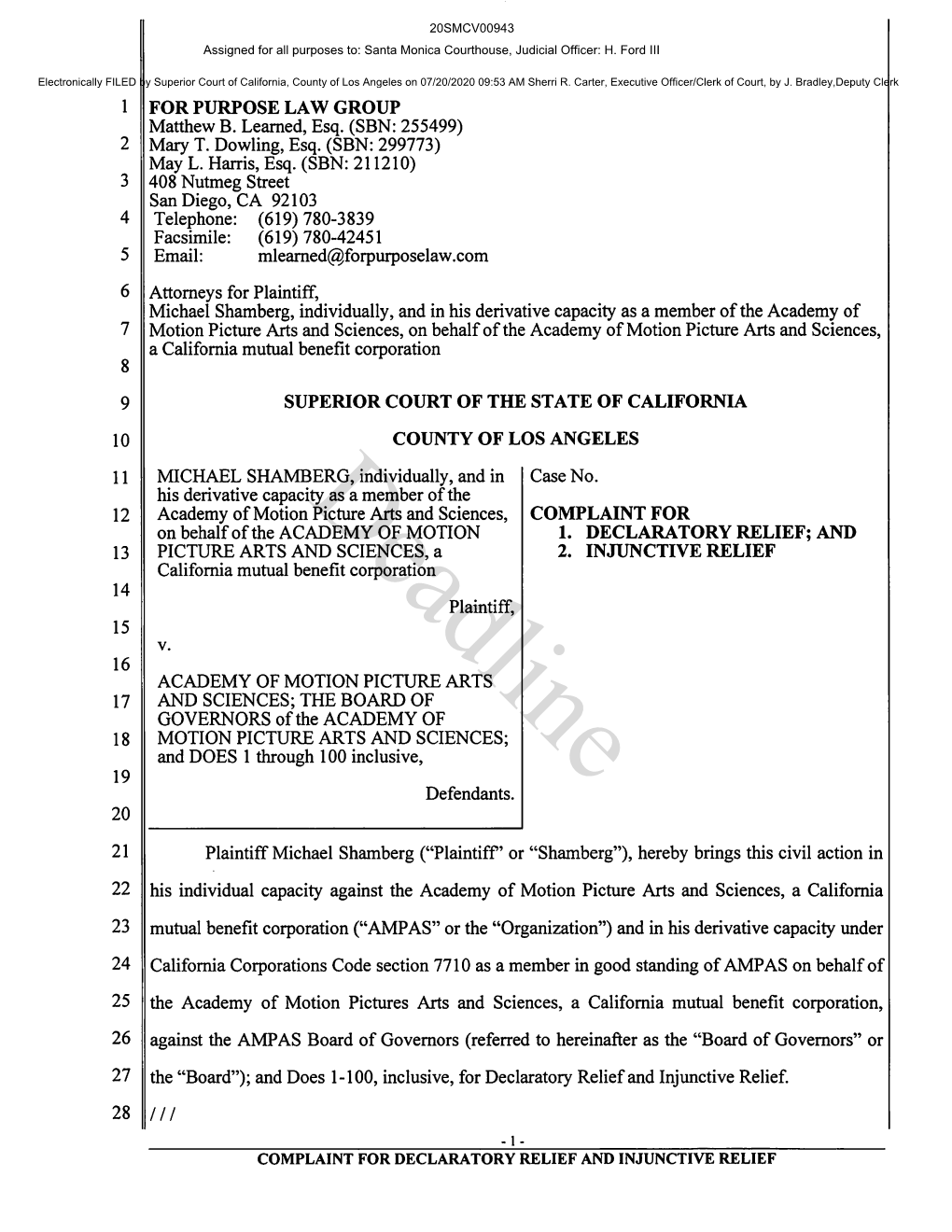 1 for Purpose Law Group Superior Court of the State of California County of Los Angeles Complaint for 1. Declaratory Relief;