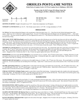 ORIOLES POSTGAME NOTES Oriole Park at Camden Yards  333 West Camden Street  Baltimore, MD 21201