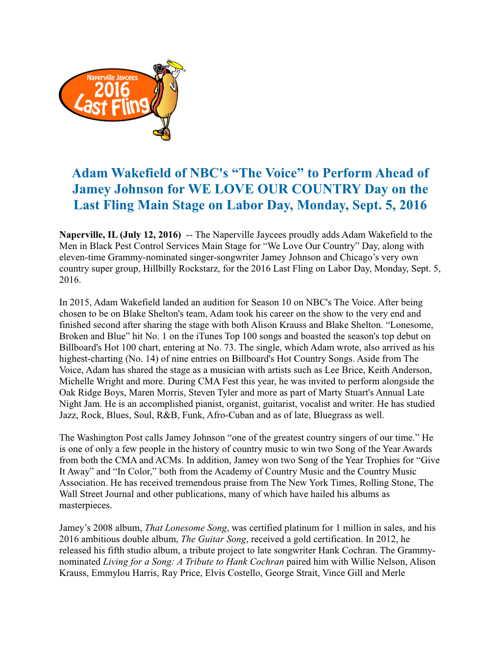 Adam Wakefield of NBC's “The Voice” to Perform Ahead of Jamey Johnson for WE LOVE OUR COUNTRY Day on the Last Fling Main Stage on Labor Day, Monday, Sept