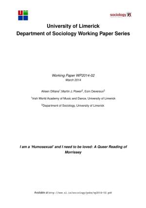 University of Limerick Department of Sociology Working Paper Series Sociology UNIVERSITY of LIMERICK