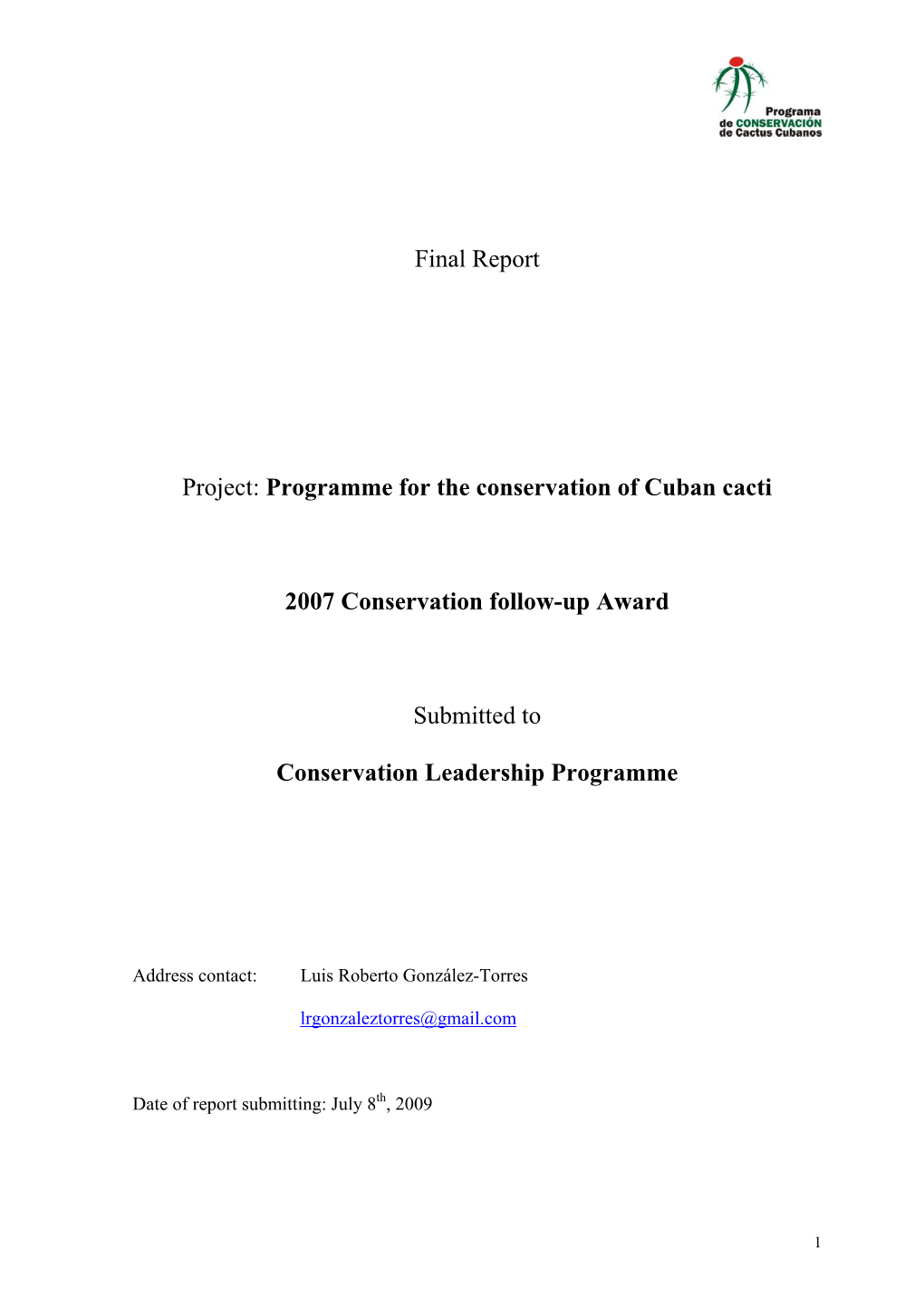 Final Report Project: Programme for the Conservation of Cuban Cacti