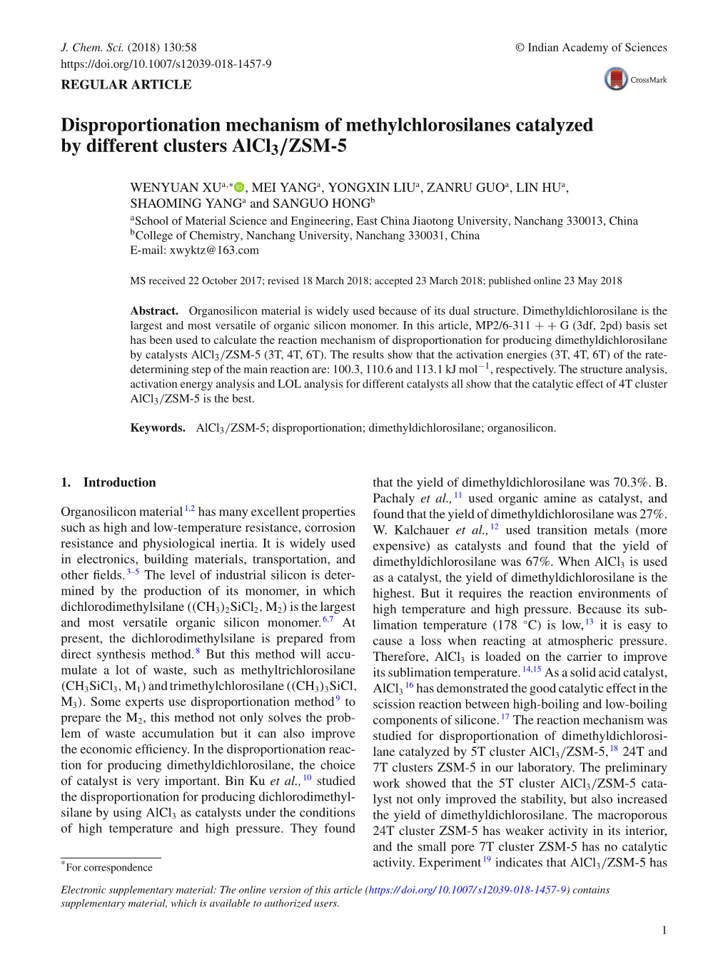 Disproportionation Mechanism of Methylchlorosilanes Catalyzed by Different Clusters Alcl3/ZSM-5