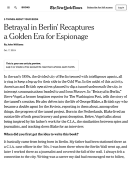 'Betrayal in Berlin' Recaptures a Golden Era for Espionage