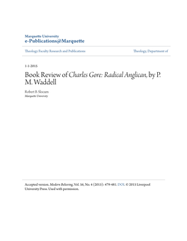 Book Review of Charles Gore: Radical Anglican, by P. M. Waddell Robert B