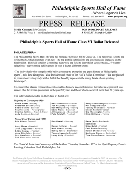 PRESS RELEASE Media Contact: Bob Cassidy for IMMEDIATE RELEASE 215.886.6657 Ext